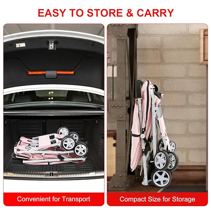 Double Pet Stroller for 2 Small Dogs & Cats, Side-by-Side Twin Travel Carriage with Safety Leashes, Mesh Windows & Double Storage Baskets, Lightweight & Foldable, 44lbs Capacity, Pink