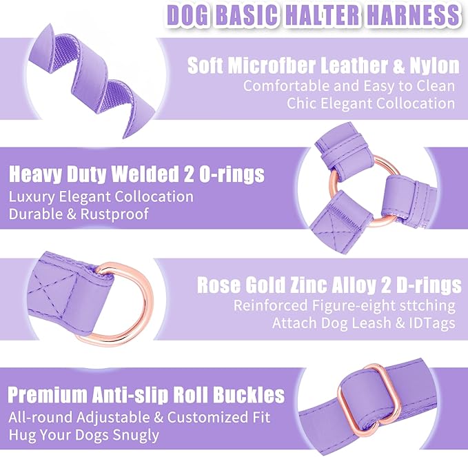 Soft Leather No Pull Dog Harness - Adjustable Step in Dog Harness with Rose Gold Heavy Duty Metal Buckle, Freedom Nylon Dog Halter Vests for Small Medium Large Dogs Easy Walking Training (Purple,XS)