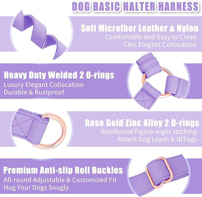 Soft Leather No Pull Dog Harness - Adjustable Step in Dog Harness with Rose Gold Heavy Duty Metal Buckle, Freedom Nylon Dog Halter Vests for Small Medium Large Dogs Easy Walking Training (Purple,M)