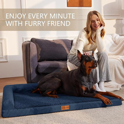 Patas Lague Orthopedic XL Dog Bed Large Sized Dog 42''X28'', Waterproof L Bolster Big Large Pet Sofa Beds with Removable Washable Cover, Soft Comfortable Pet Couch Crate Mat with Nonskid Bottom, Navy