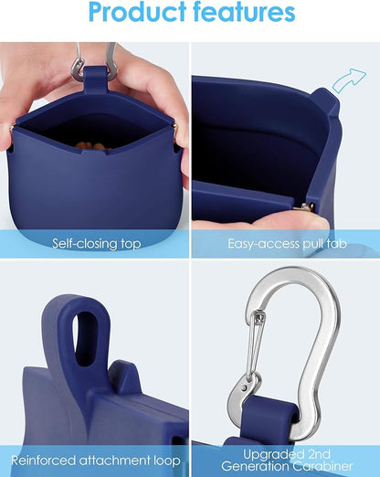 RBibei【One-Hand Access Silicone Dog Treat Pouch, Small Pocket Sized Training Pouch with Pull Tab & Auto Closing Lid for Easy Pet Training & Walking (Blue)