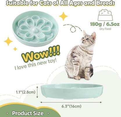 Slow Feeder Cat Food Bowl - Melamine Slow Eating Bowl for Dry & Wet Food - Cute Blossom Maze Cat Dish - Healthy Feeding, Whisker Friendly, Dishwasher Safe - 6.3''W x 1.1''H
