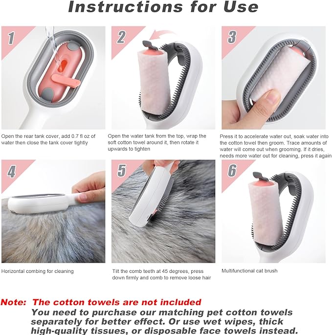 Water Brush for Cats Dogs, 4 in 1 Pet Grooming Bath Brush, 2 in 1 Cleaning Brush Cat, Wet Cat Comb, Pet Hair Removal Comb with Water Tank, Sticky Brush 2.0 (Towels Not Included)