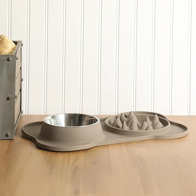 Gibson Home Curious Canines Slow Feeder Dog Bowl Set, 16” Bone Shaped Double Bowl, Silicone Base with Stainless Steel Insert, Anti-Gulp Feeding, Dishwasher Safe, Taupe