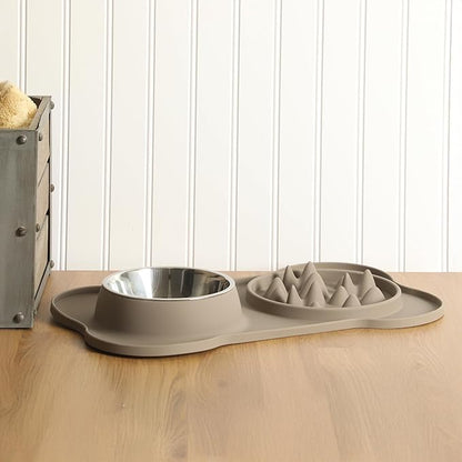 Gibson Home Curious Canines Slow Feeder Dog Bowl Set, 16” Bone Shaped Double Bowl, Silicone Base with Stainless Steel Insert, Anti-Gulp Feeding, Dishwasher Safe, Taupe