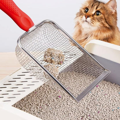 Cat Litter Scoop,Sturdy Litter Cleaner Corner Shovel,Stainless Steel Mesh Litter Shovel,Easy to Clean Reptile Terrarium Sand Waste,Beach Shovel(Red)