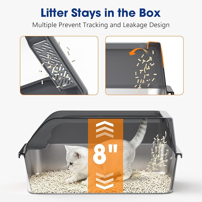 2 Pack Small Stainless Steel Litter Box with Lid for Kitten, Metal Cat Litter Boxes High Sided Enclosed for Injured Cats and Rabbit, Anti-Urine Leakage | Non-Stick Bottom & Includes Scoop