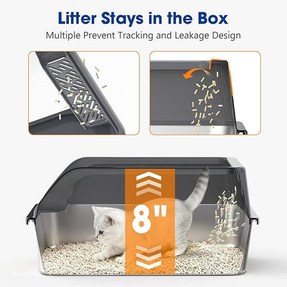 2 Pack Small Stainless Steel Litter Box with Lid for Kitten, Metal Cat Litter Boxes High Sided Enclosed for Injured Cats and Rabbit, Anti-Urine Leakage | Non-Stick Bottom & Includes Scoop