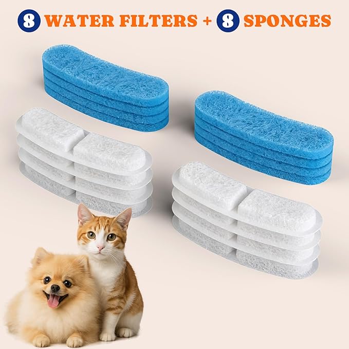 Pawtners 8 Pack Replacement Filters for STR-PT-108A Pumpless Cat Water Fountain, Multi-Layer Filtration for Cat/Dog Fountain, Complete Kit with 8 Filters & 8 Sponges