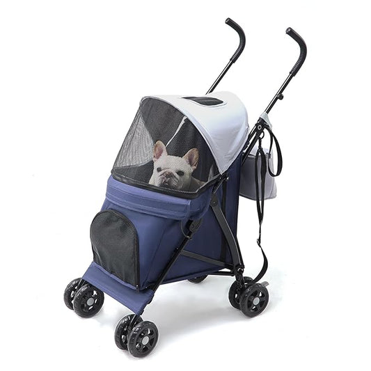 Lightweight 10 lbs Foldable Pet Stroller for Small Dogs & Cats, Easy-Fold Compact, with Adjustable Sun Canopy, Cup Holder, Breathable Mesh, Pad & Storage Bag, Holds 33 lbs, Blue Gray