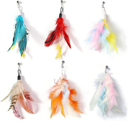 12 Pack Cat Feather Toy Refills,Natural Cat Wand Replacement Feathers with Bell,Colorfull Wand Attachment Feather Toys for Indoor Cats
