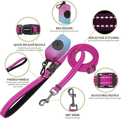 Kazazoo Hands-Free Dog Leash with Poop Bag Holder, Adjustable 4-7 Ft Waist for Dog Walking, Running for Small & Medium Dogs with Reflective Strips, Nylon Waist Belt, Hotpink