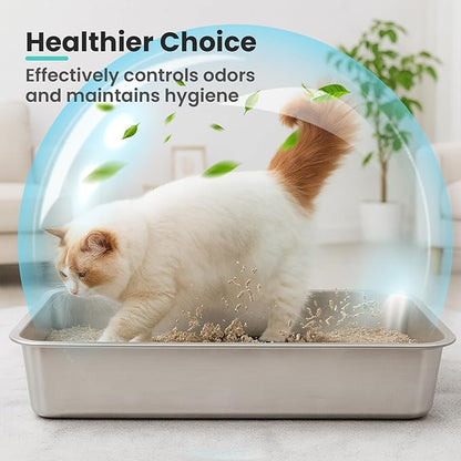 Small Stainless Steel Cat Litter Box, 15.8”x11.8”x4” Low Sided Metal Litter Box for Kittens and Rabbits, Odor Control Kitty Litter Tray, Non Sticky Indoor Litter Pan, Easy to Clean, S