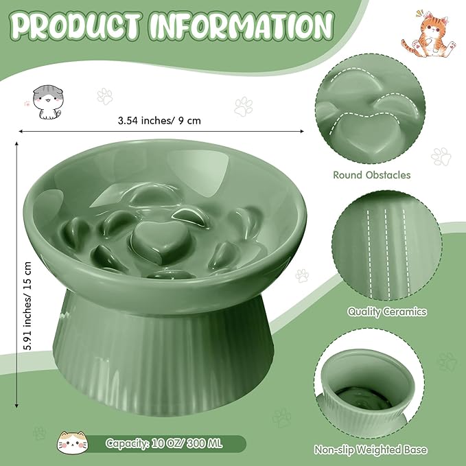 Tioncy 2 Pcs Raised Cat Slow Feeder Bowl Ceramic Elevated Cat Dog Food Bowl No Spill High Edge for Dry Wet Food and Water Easy to Clean, Dishwasher Safe(Sage Green)
