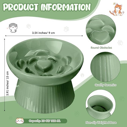 Tioncy 2 Pcs Raised Cat Slow Feeder Bowl Ceramic Elevated Cat Dog Food Bowl No Spill High Edge for Dry Wet Food and Water Easy to Clean, Dishwasher Safe(Sage Green)