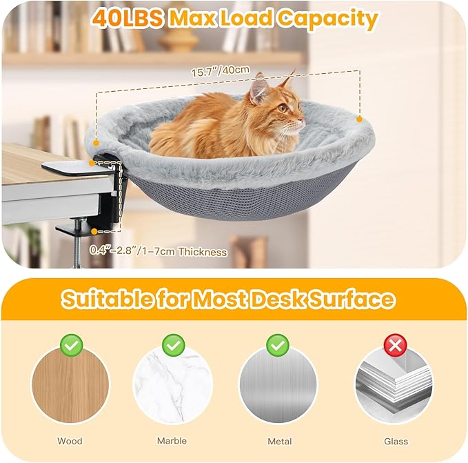 Pawaboo Cat Desk Bed, Sunken Cats Hammock with Steel Clamp Hold up to 40lbs, One-click Foldable Cat Side Table Beds with Soft Plush, Reversible & Washable Hanging Cats Bed for Game Office Home Desktop