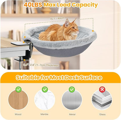 Pawaboo Cat Desk Bed, Sunken Cats Hammock with Steel Clamp Hold up to 40lbs, One-click Foldable Cat Side Table Beds with Soft Plush, Reversible & Washable Hanging Cats Bed for Game Office Home Desktop