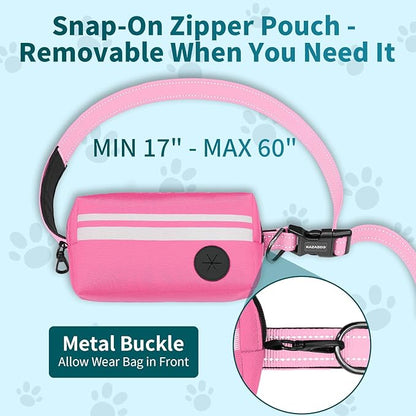 Hands Free Dog Leash with Removable Zipper Pouch, Dual Padded Handles and Durable Bungee for Walking, Jogging and Running Your Dog (Large, 35-140 lbs-Pink