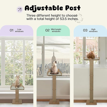 Cat Window Perch with Thick Sisal Scratching Post, Cat Hammock for Window, 53.5" Adjustable Tall Cats Scratching Post with 2 Upgrade Suction Cups, Cats Window Bed with Fluffy Cushion, Jute