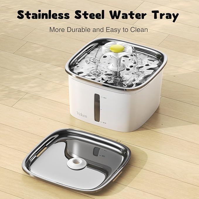 Veken Innovation Award Winner 95oz/2.8L Cat Water Fountain with Stainless Steel Lid, Automatic Pet Fountain Dog Water Dispenser with Replacement Filters for Cats, Dogs (Silver, Stainless Steel)