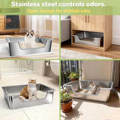 Low Entry Litter Box for Senior Kittens Disabled Cats - Stainless Steel High Sided Enclosed Easy Step in Entry - Large Metal Kitty Litter Box Easy to Clean(19.7”x13.8”x5.9”)