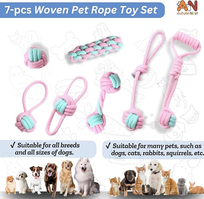 7PCS Woven Pet Rope Toys Set, Pink & Blue, Durable Cotton Pet Chew Toys for Dogs, Cats & Pets, Interactive Play & Teething Relief, Chew Toys for Pets