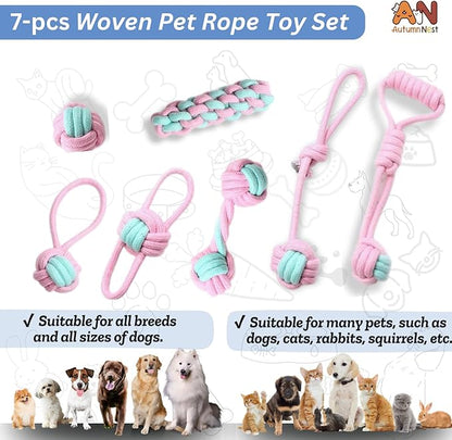 7PCS Woven Pet Rope Toys Set, Pink & Blue, Durable Cotton Pet Chew Toys for Dogs, Cats & Pets, Interactive Play & Teething Relief, Chew Toys for Pets