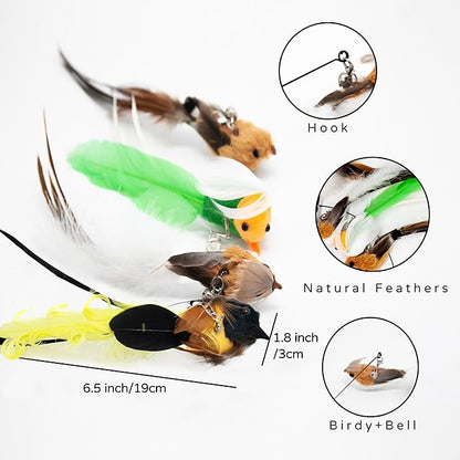 Flying Cat Bird Toy Pack for Cat Wands, Teaser, Suction Cup or Door Hanging Toy, Natural Feather Refills with Bells for Indoor Cats Bird Hunting Selfplay-4 PCS