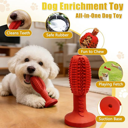 Dog Chew Toys, Interactive Suction Cup Toothbrush Chew Toy for Puppy Teething, Rubber Teeth Cleaning Stick with Treat Holder for Small and Medium Dogs (Red)