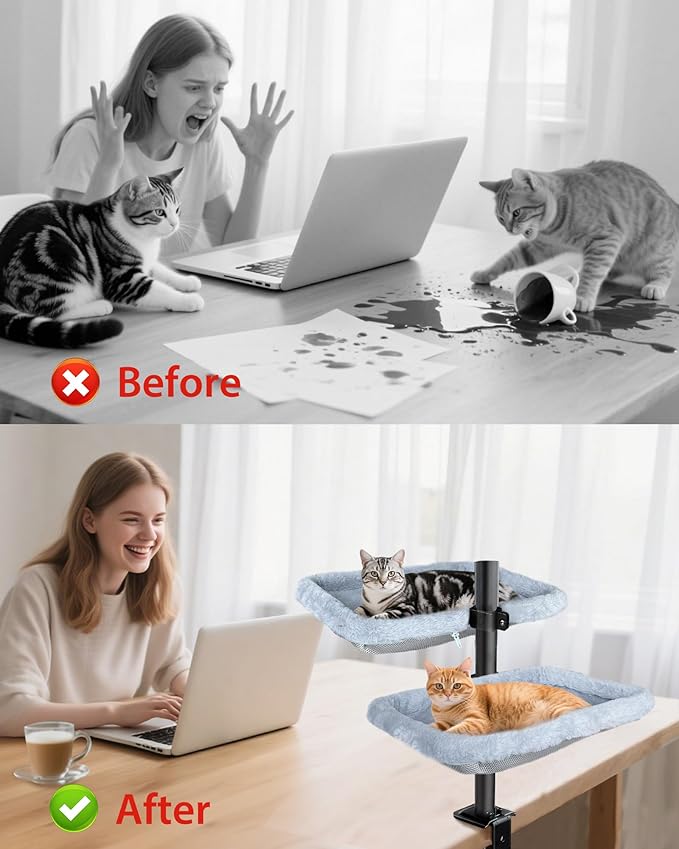 L&W BROS. Double Layer Cat Desk Bed – Adjustable Desk Perch with Metal Frame, 45LB/Layer, Washable Covers, for Multi-Cat Homes