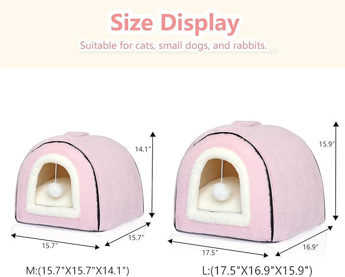 Cat Bed for Indoor Cats，Foldable cat cave，Anti-Slip & Water-Resistant Bottom，cat Houses for Indoor Cats or Small Dogs, Kitten Tent, Rabbit Bed，2 in 1 pet Bed (Pink)