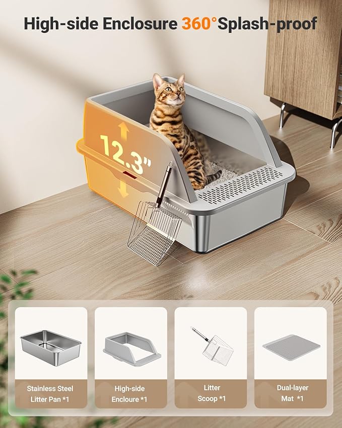 XL Stainless Steel Litter Box, Extra Large Metal Cat Litter Box with High Sided for Big Cats, Enclosed Litter Boxed with Lid, Easy-Clean Cat Litter Mat & Scoop Kit, Anti-Urine Leakage (Grey)