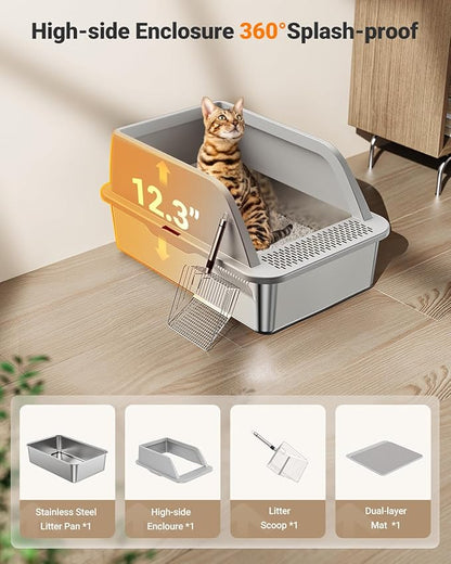 XL Stainless Steel Litter Box, Extra Large Metal Cat Litter Box with High Sided for Big Cats, Enclosed Litter Boxed with Lid, Easy-Clean Cat Litter Mat & Scoop Kit, Anti-Urine Leakage (Grey)
