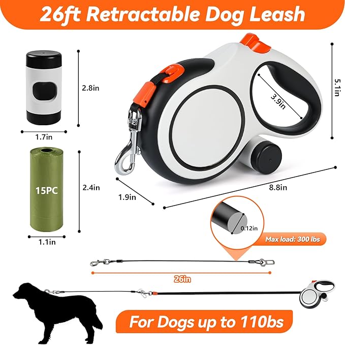 Upgraded Retractable Dog Leash with Chew Proof Cable, 26ft Heavy Duty Dog Leash for Large Dogs up to 110lbs, No-Tangle, Non-Slip Handle, One-Handed Brake, with Poop Bag Holder (Orange, L 26ft)