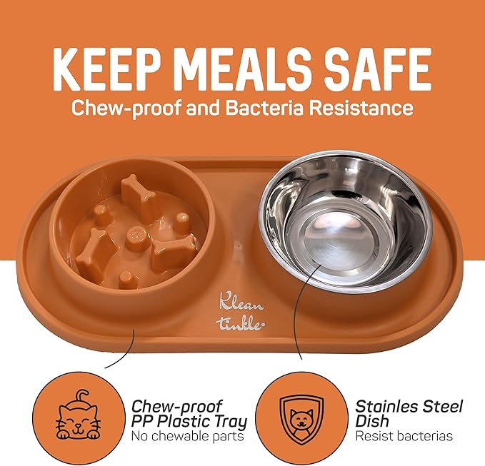 Pets Anti Skid Double Slow Feeder Dog Bowls with Non Skid Silicone Mat - Stainless Steel Dog Water Bowl for Cats & Pets (Orange)