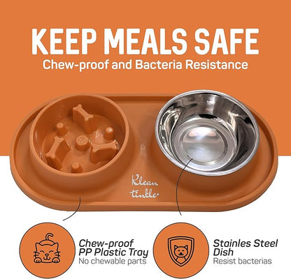 Pets Anti Skid Double Slow Feeder Dog Bowls with Non Skid Silicone Mat - Stainless Steel Dog Water Bowl for Cats & Pets (Orange)