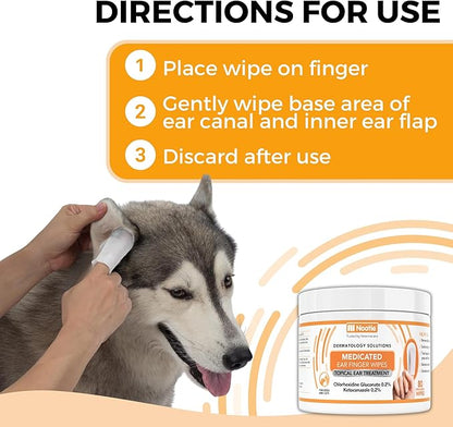 Nootie Medicated Ear Finger Wipes with Chlorhexidine for Dogs, Gentle Dog Ear Cleaning Wipes for Itchy, Sensitive Ears - Helps Remove Wax, Dirt Buildup, & Odor 80 Wipes - Made in USA