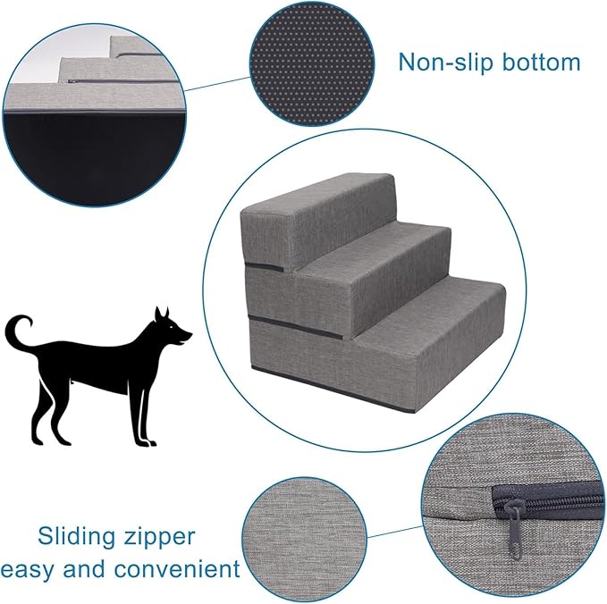 Elevon Dog Stairs for Bed 18" H, 3-Step Dog Steps for High Bed and Couch, Pet Steps for Small Dogs and Cats, Non-Slip Balanced Pet Ramp Indoor, Grey