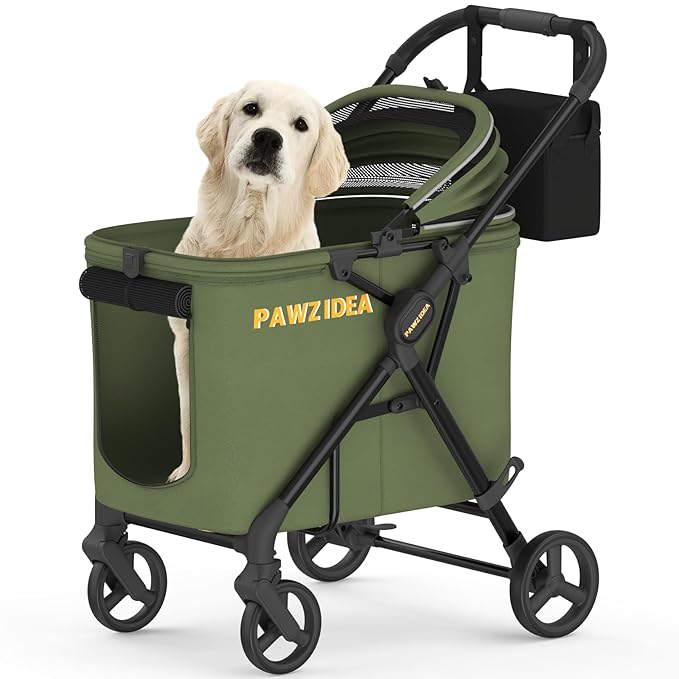 PAWZIDEA Large Dog Stroller up to 80 lbs, No-Zip 180° Reversible Canopy Lockable, Lightweight Pet Stroller for 2 Medium Dogs, One-Hand Foldable, Low-Entry, All-Terrain Jogger Wheels, Storage Organizer