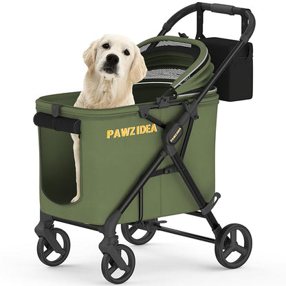 PAWZIDEA Large Dog Stroller up to 80 lbs, No-Zip 180° Reversible Canopy Lockable, Lightweight Pet Stroller for 2 Medium Dogs, One-Hand Foldable, Low-Entry, All-Terrain Jogger Wheels, Storage Organizer
