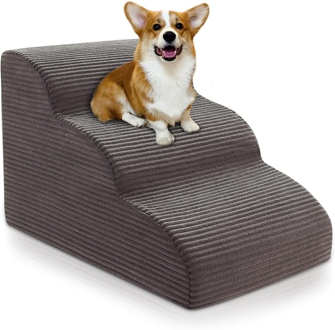 Curved Dog Stairs Ramp for Beds Couches and Chair, 15.7" H, 3-Step Dog Steps for Small Dogs, Pet Stairs for Cats with Non-Slip, Removable and Washable Cover,Balanced Pet Steps Indoor, Deep Grey