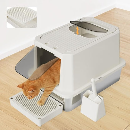 RIZZARI Stainless Steel Cat Box: Beige Leak-Proof Large Enclosed Litter Pan Indoor Odorless Tray for Multiple Cats - Teflon Non-Stick Coating - for Cats Under 20 lbs - Ideal for Laundry Room Balcony