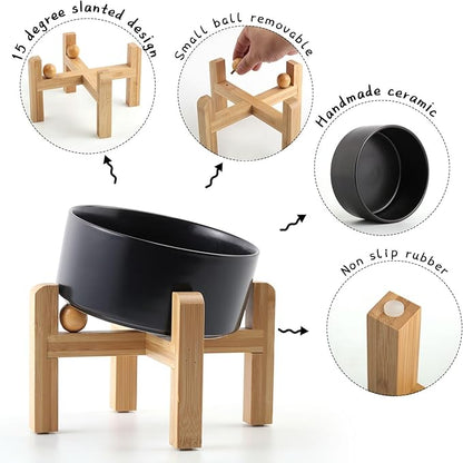 Petygooing Black Raised/Elevated 15°Slanted Ceramic Dog Bowl for Small Breeds,Tilted Anti Slip Pet Feeding Bowl,Food Water Dish with Stand for Cats and Small Dogs Puppy 13.5 OZ (5.1In /1.7 Cups)