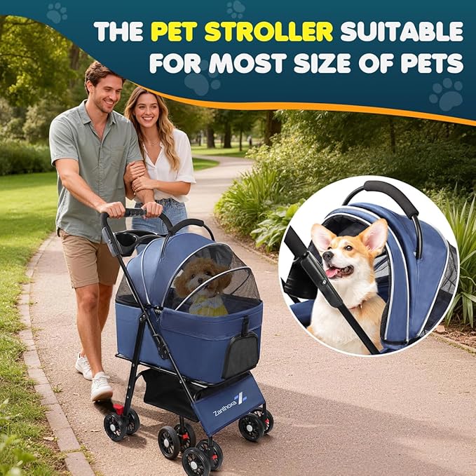 Dog Stroller, 4 Wheels Pet Stroller for Small & Medium Dogs, One-Click Foldable Cat Strollers Up to 45 Ibs with Storage Basket, Cup Holder and Breathable Mesh