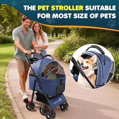 Dog Stroller, 4 Wheels Pet Stroller for Small & Medium Dogs, One-Click Foldable Cat Strollers Up to 45 Ibs with Storage Basket, Cup Holder and Breathable Mesh