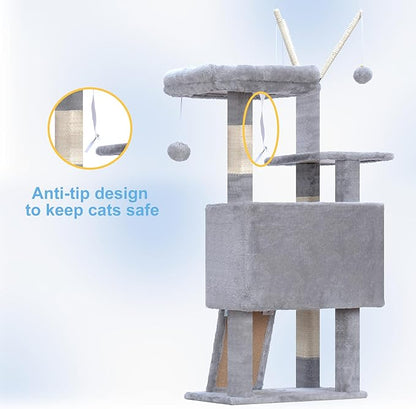 Hey-brother Cat Tree Tower, Scratching Posts with Removable Toys, Cozy Condo, Platform, Hammock, Sisal Scratch Board and Ball for Indoor Kittens, 41.3 Inches, Light Gray MPJ008SW