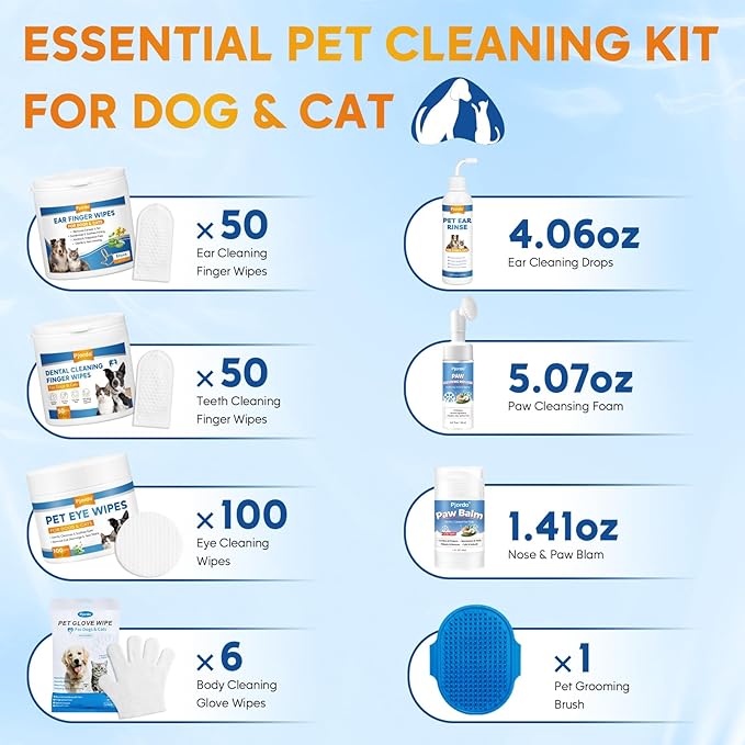 Dog Wipes Cleaning Deodorizing, Grooming Wipes & Paw Cleaner, Pet Cleaning Kit for Teeth, Ears, Eyes, Paw, Body, Ear Rinse, Essential Dog Supplies Set