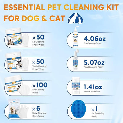 Dog Wipes Cleaning Deodorizing, Grooming Wipes & Paw Cleaner, Pet Cleaning Kit for Teeth, Ears, Eyes, Paw, Body, Ear Rinse, Essential Dog Supplies Set