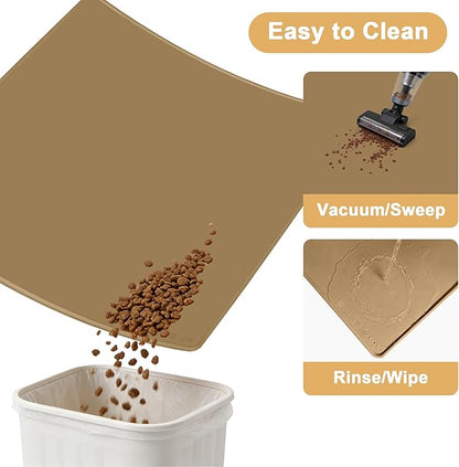 Extra Extra Large Silicone Dog Food Mat 39.4×43.3in and 128oz Silicone Bag Set, Super Size Waterproof Pet Feeding Mat & Container, Non-Slip, Chew-Resistant Floor Protection (Taupe&Orange)