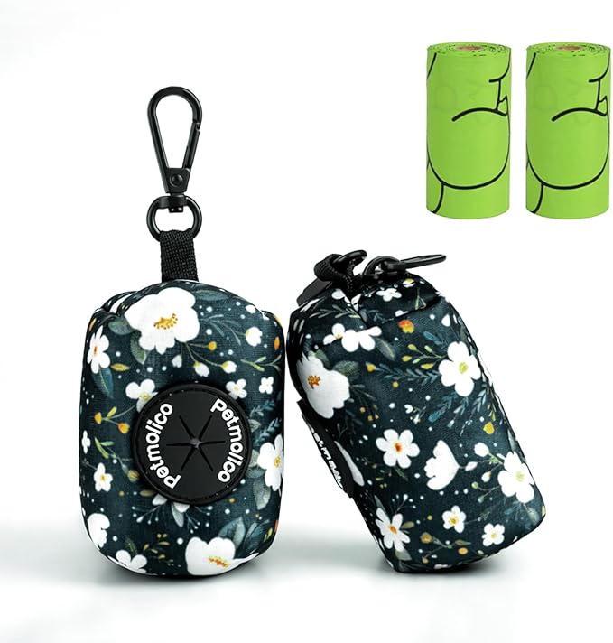 Petmolico Dog Poop Bag Holder Leash Attachment, Dog Waste Bag Dispenser Zippered Pouch, Fits Any Dog Leash, Includes Free Roll of Dog Bags, Poop Bag Dispenser - 2 Packs, Mixed Cyan&Flower